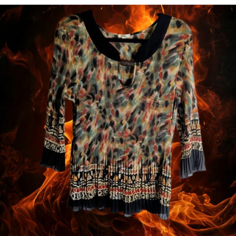 Nicola XLG long sleeve polyester blend stretch multi color woman's blouse.